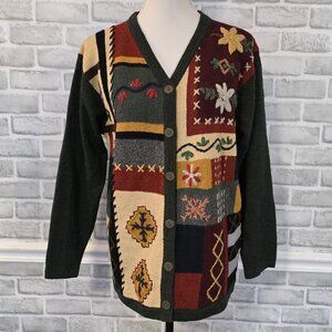 Vintage Embroidered Holiday Christmas Sweater Cardigan Patchwork Cottage Grandma